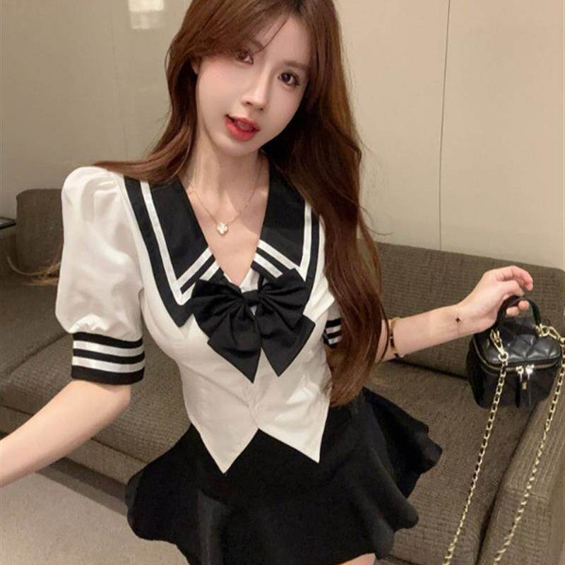 辣妹jk制服套装气质海军领结短袖衬衫上衣蓬蓬短裙裤学院两件套