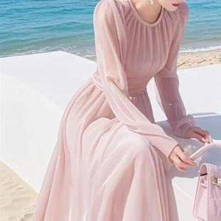 海边度假长裙2025春装法式感多巴胺仙女粉色雪纺连衣裙防真丝上装