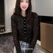 女2025秋冬新款 高端网红爆款 重工亮片小衫 欧货黑色亮闪闪显瘦上衣