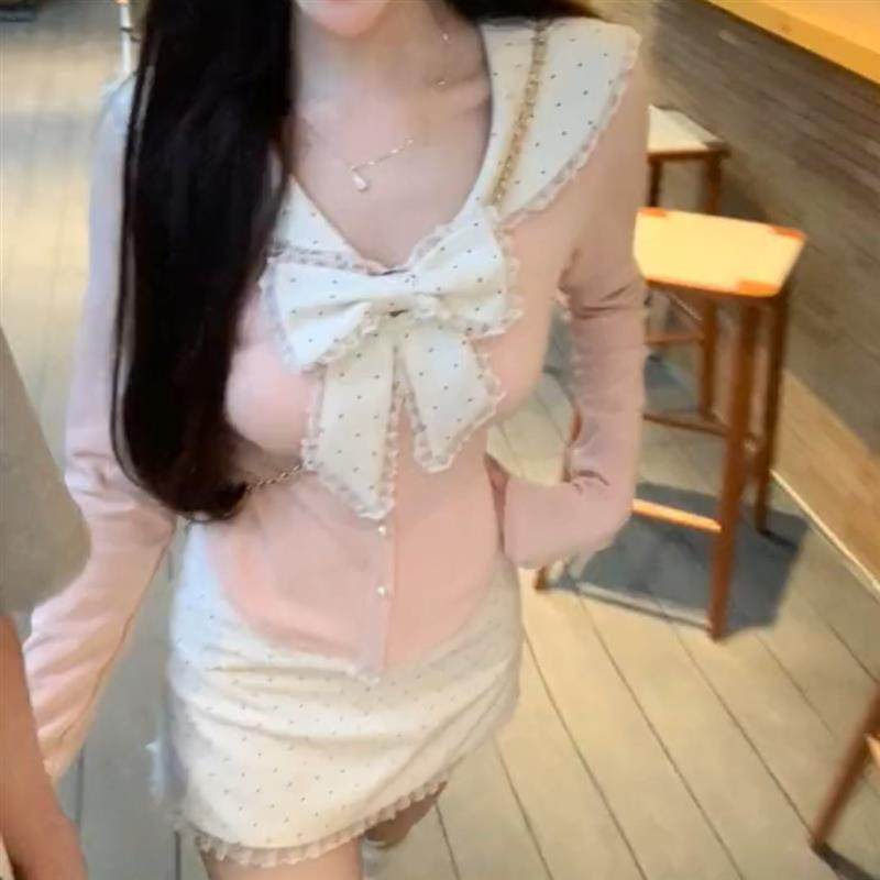 甜美减龄蝴蝶结娃娃领撞色拼接长袖衬衫上衣波点蕾丝边半身裙套装
