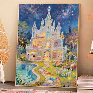 DIY数字油画梦幻城堡夜景装饰画带灯效果DIY绘画作品