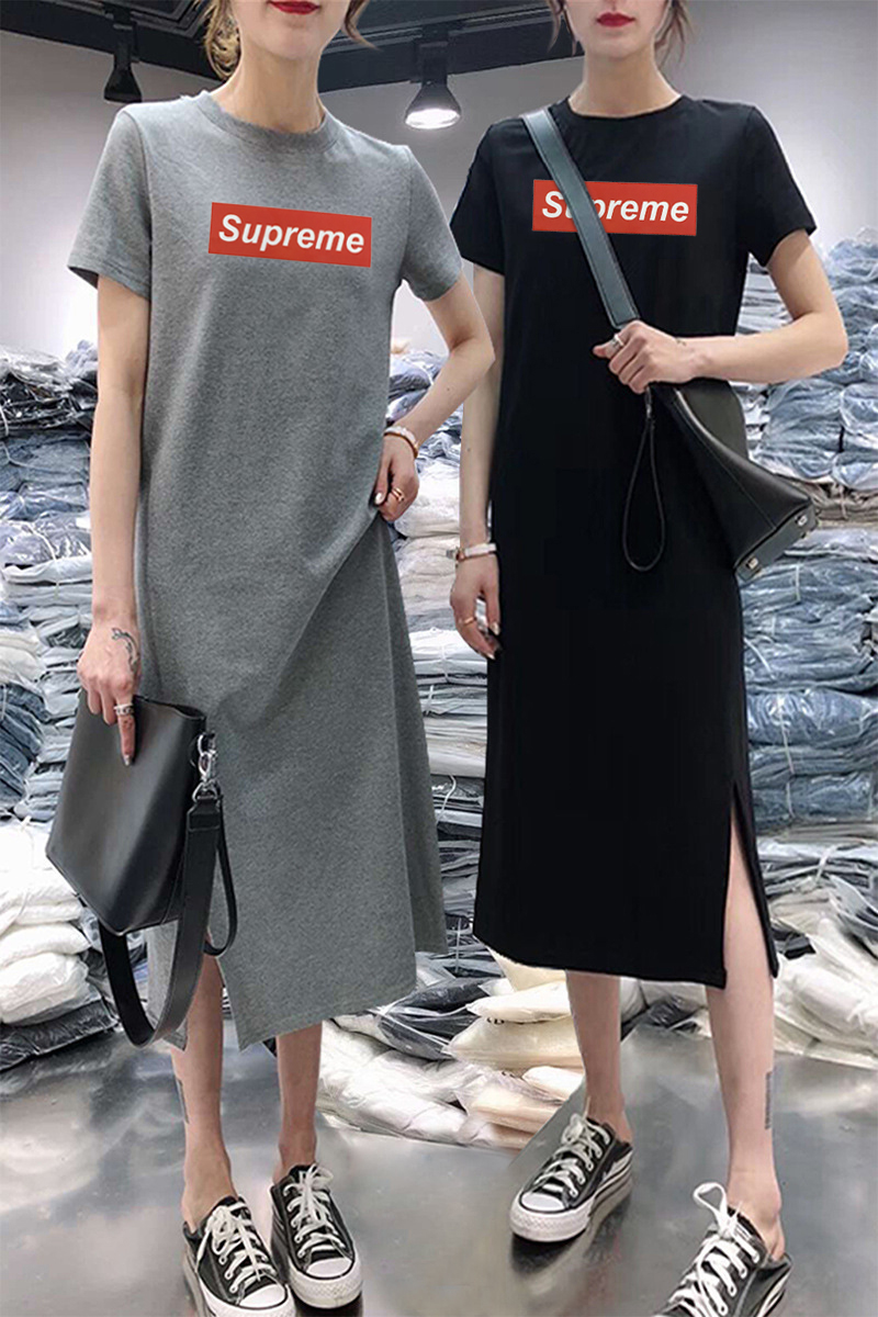 Summer short sleeve dress women's fashion casual belly covering large medium length over knee T-shirt skirt