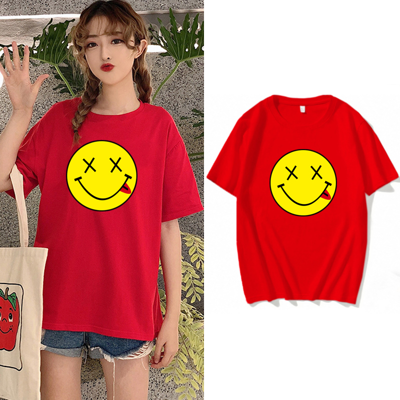 Tang Yan star short sleeve women's 2021 new fashion Korean loose yellow smile round neck black T-shirt