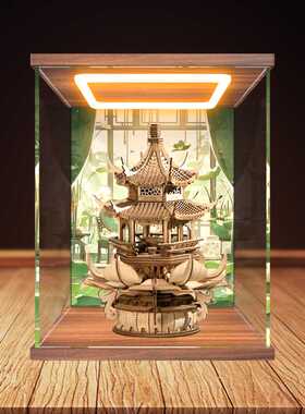 适用乐放榫卯木制积木八音盒古风建筑音乐盒灵动莲亭回型灯收纳盒