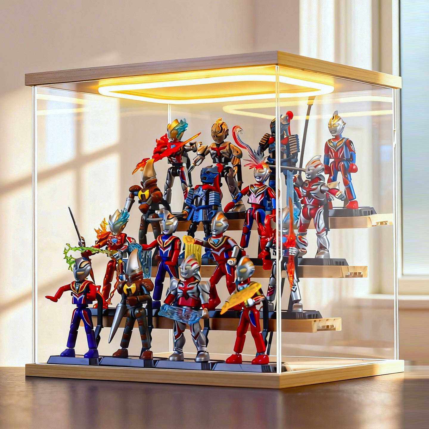 适用布鲁ke奥特曼手办公仔盒盲桌面多层阶梯防尘亚克力灯光收纳盒