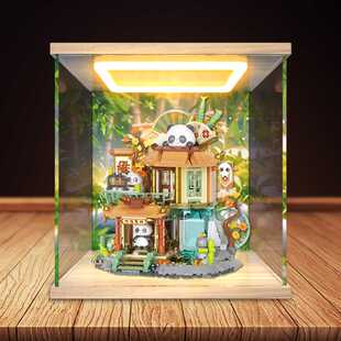 适用JAKI佳奇拼装积木熊猫茶舍竹溪客栈街景摆件回灯款防尘收纳盒