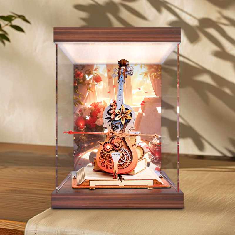 适用若客秘境大提琴音乐盒八音盒diy手工积木亚克力灯箱款收纳盒