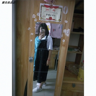 减龄韩版吊带连衣裙胖MM春秋大码女背带裙学生中长款宽松牛仔显瘦