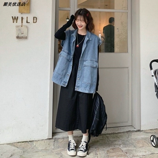 工装牛仔新款韩版外套BF风港味春学生宽松秋装马甲坎肩牛仔女装潮