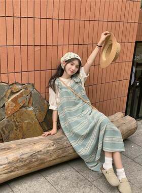法式甜美森系叠穿吊带连衣裙女两件套夏季蕾丝短袖打底衬衫裙套装