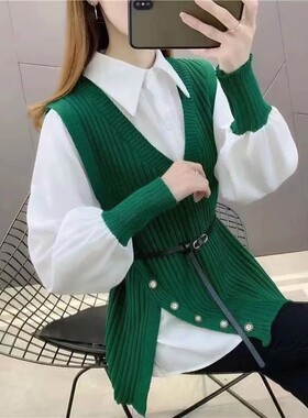 马甲女衬衫两件套装2026春秋新款长款显瘦外穿针织背心两件套女装