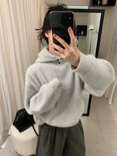 miu系调性!高配浣熊绒纯色连帽毛衣宽松慵懒风竖坑条显瘦针织衫