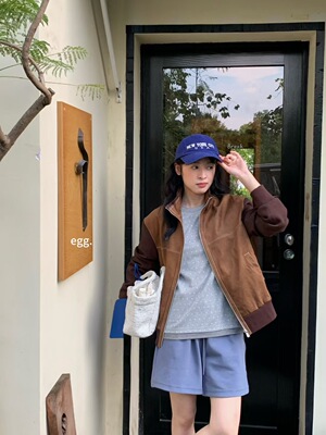 Miu系撞色拼接麂皮绒夹克外套