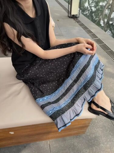 复古波点蕾丝拼接高腰显瘦A字裙