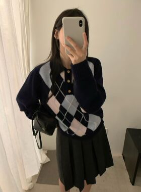 菱格学院！优品全羊毛高克重经典撞色格纹针织套头毛衣Miu系上衣