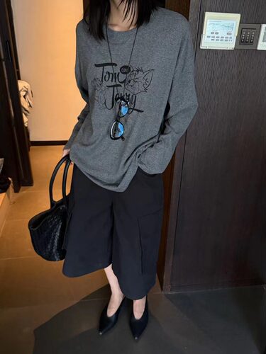 美式复古风猫和老鼠印花长袖T恤