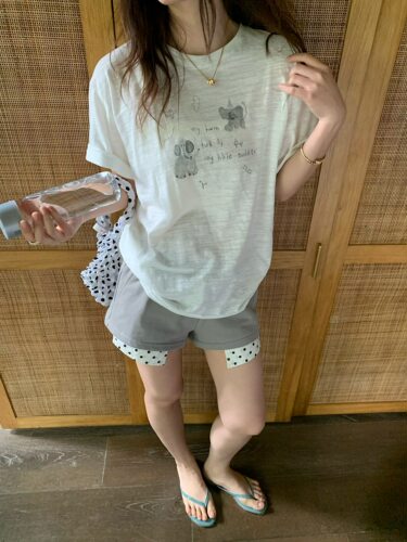 韩系手绘小象竹节棉宽松短袖T恤