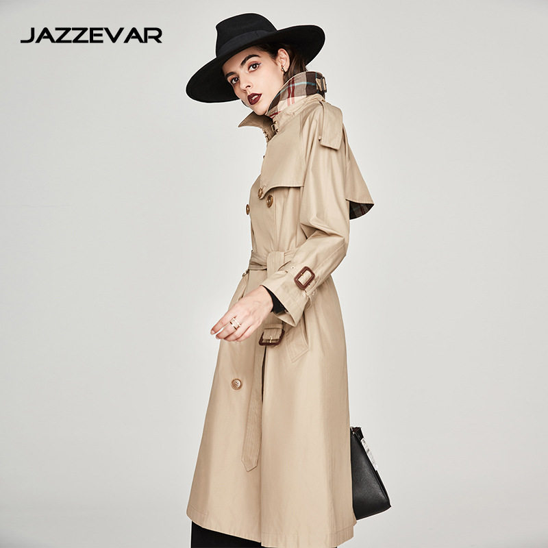 嘉泽华2021春秋新款女装双排扣加长款风衣女外套变色龙风衣女外套