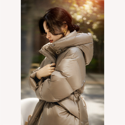 95鹅绒服收腰连帽羽绒服2022秋冬女装中长款女款高端时尚外套