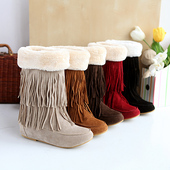北方冬靴平跟软底加厚毛毛靴套筒红色流苏靴子女轻底舞靴41码