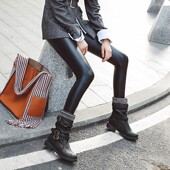 秋冬短筒靴子女低跟套筒皮靴马丁靴做旧复古机车靴马靴大码 鞋