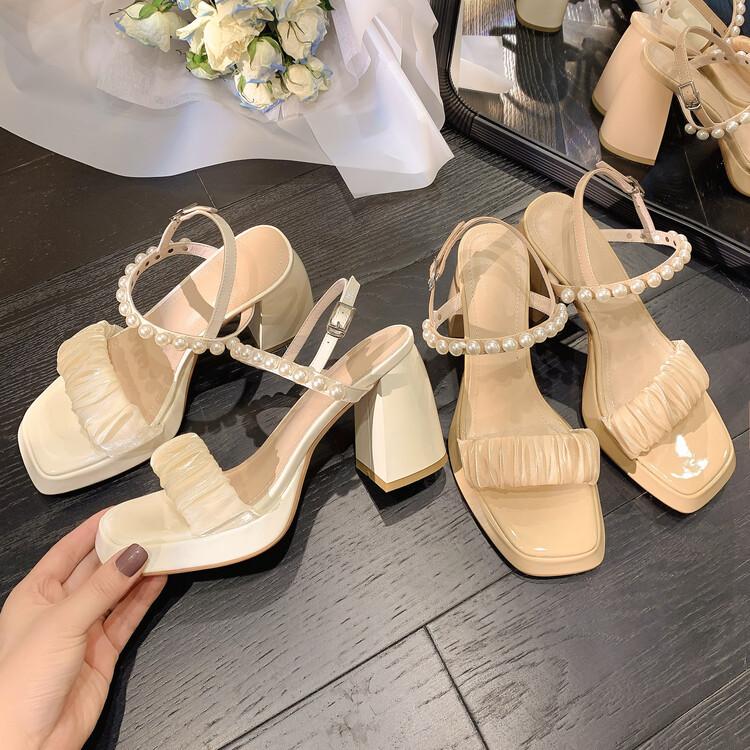 EONEOS韩版真皮高跟凉鞋女厚底鞋粗跟珍珠中空露趾牛皮女鞋