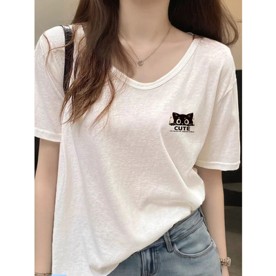 竹节棉白色短袖t恤女v领上衣