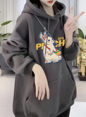 美式复古灰色中长款卫衣女遮屁股早春2025新款秋冬季宽松连帽加绒