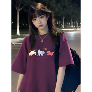 t恤女2026新款夏纯棉短袖胖mm显瘦遮肚子大码ins超火穿搭紫色上衣