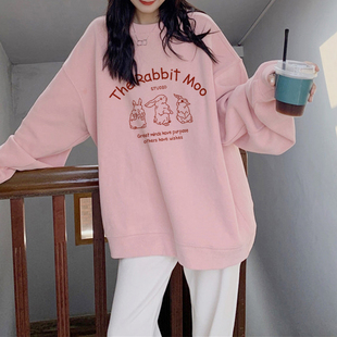 oversize粉色卫衣女春秋季 大码 慵懒风圆领宽松薄款 潮 穿搭2023新款