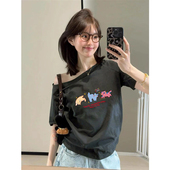 夏日露肩短袖 女t恤2026新款 纯棉高级感一字肩独特漂亮斜肩上衣潮