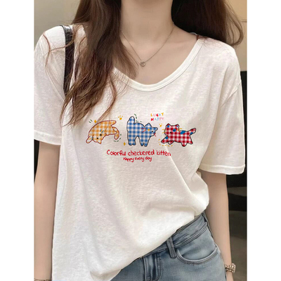 竹节棉短袖t恤女慵懒风v领上衣