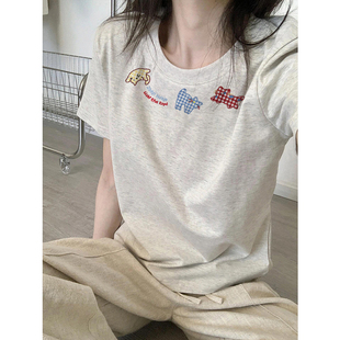 显瘦灰色美式 夏日多巴胺穿搭纯棉修身 上衣 女2026新款 正肩t恤短袖