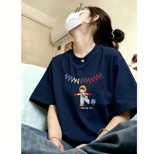 圆领纯棉蓝色短袖t恤女款2026新款夏季宽松大码女装胖mm显瘦上衣