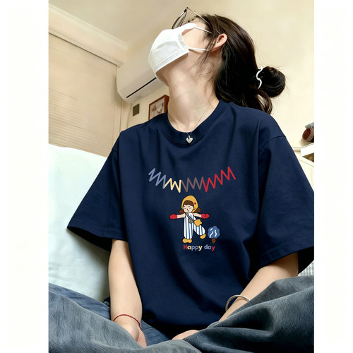 圆领纯棉蓝色短袖t恤女款2026新款夏季宽松大码女装胖mm显瘦上衣