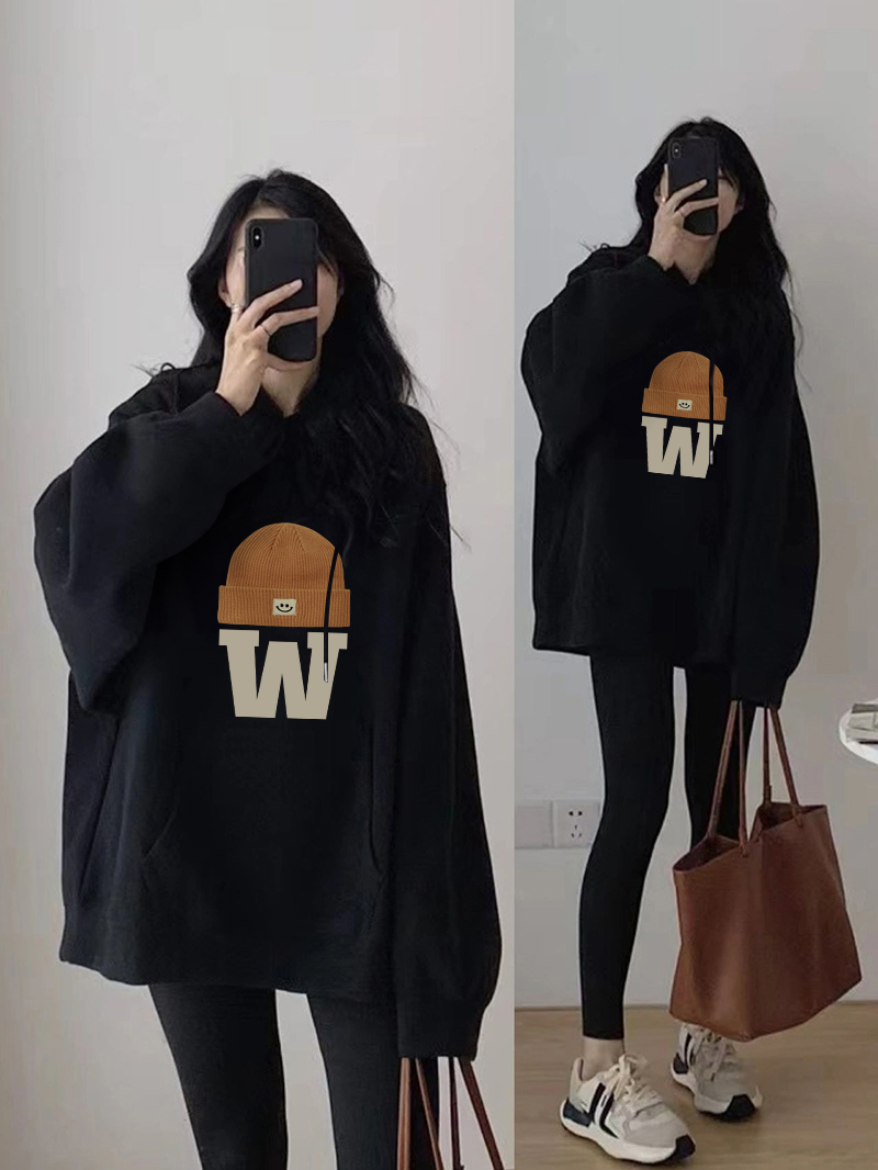中长款卫衣女遮屁股洋气上衣黑色