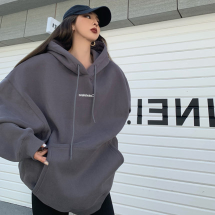 美式慵懒chic卫衣加绒加厚女冬季宽松oversize大码灰色连帽高级感