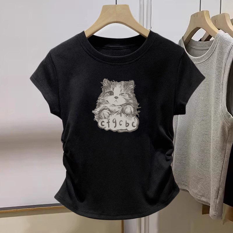 大码胖mm正肩短袖t恤女2025新款美式修身收腰短款小飞袖上衣夏季