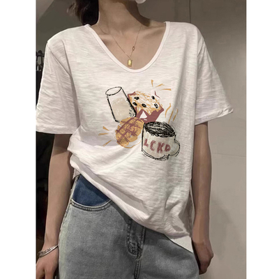 竹节棉t恤女宽松v领大码上衣