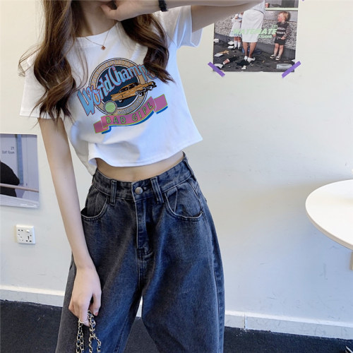 美式甜辣上衣夏季正肩高腰短袖t恤女2026新款纯棉短款设计感小众