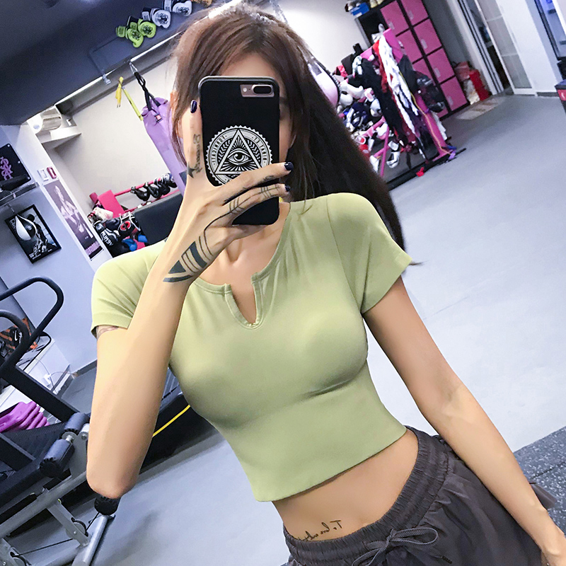 运动上衣女性感瑜伽服短袖带胸垫
