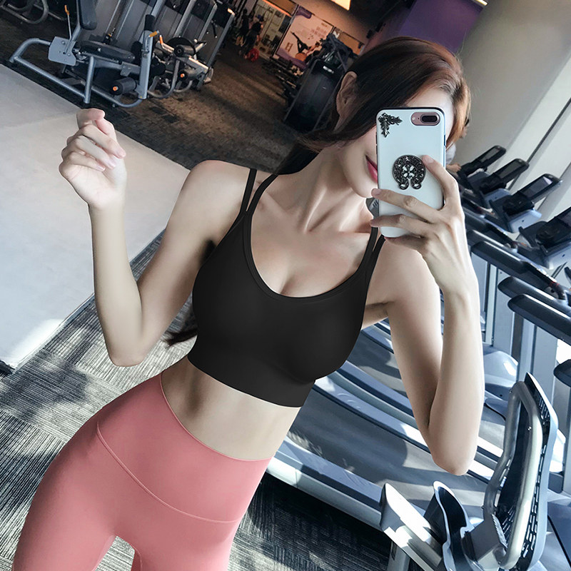一体式运动内衣女防震高强度美背瑜伽服背心式黑色健身房文胸bra