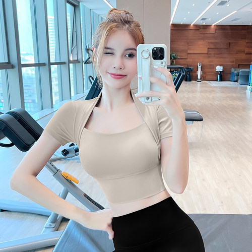 假两件健身短袖带胸垫瑜伽上衣女