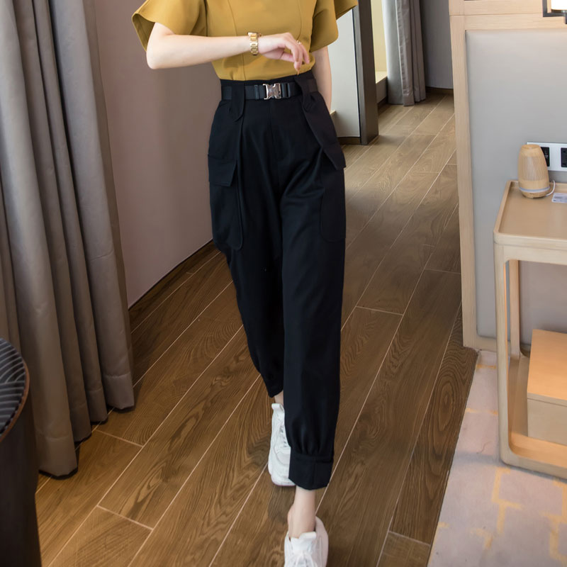 3黑色工装裤女春夏2021新款高腰直筒裤子宽松多口袋束口休闲女裤潮