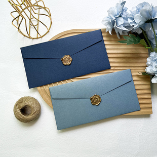 简约ins长款22x11cm信封蓝色灰蓝邀请函婚礼信封公司商务logo定制