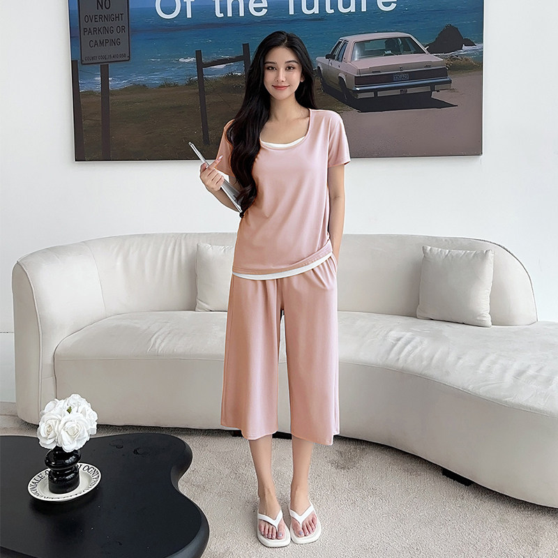 莫代尔睡衣女士夏季带胸垫大码粉色薄款夏天短袖七分裤家居服套装