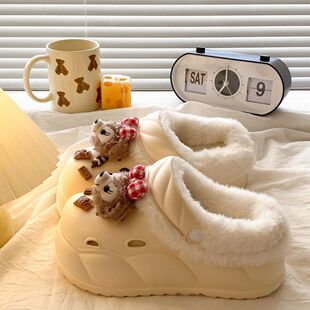 洞洞鞋女加绒加厚外穿2025冬款厚底增高可爱少女心包头保暖棉拖鞋