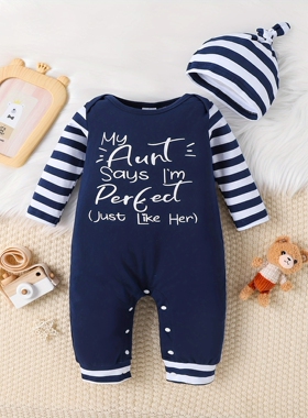 外贸INS新生婴幼儿男宝宝春秋款字母印花长袖可开档连体爬服帽子