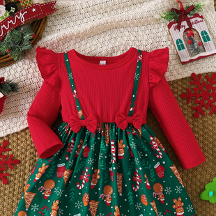 外贸INS婴幼小童女宝宝圣诞节日款 蝴蝶结拼接印花洋气连衣裙 飞袖