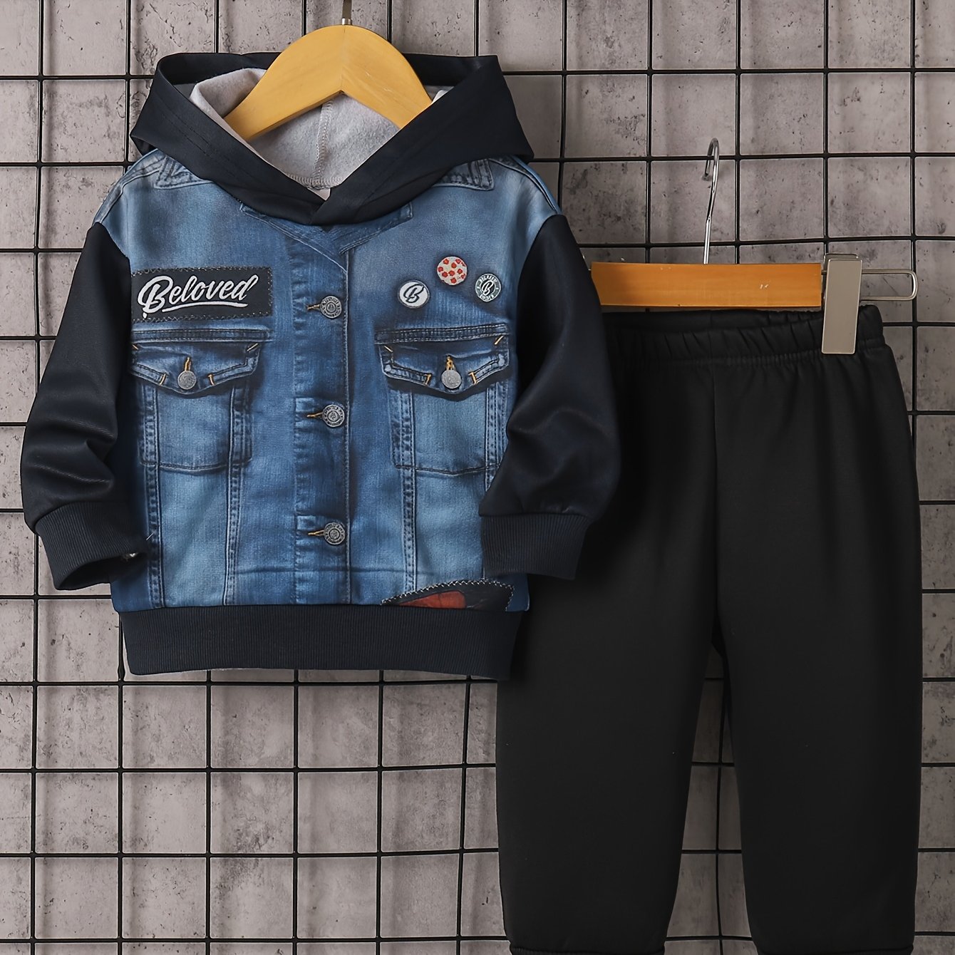 外贸INS婴幼小童男宝宝春秋仿牛仔抓绒连帽长袖上衣长裤休闲套装,童装/婴儿装/亲子装,套装,淘宝优惠券,粉丝福利购,淘宝优惠卷